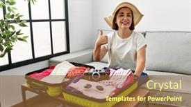  Presentation with suitcase - Slide set featuring beautiful-middle-age-hispanic-woman background and a tawny brown colored foreground