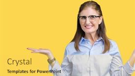  Presentation with comparison - Slide deck enhanced with beautiful middle age mature business woman wearing glasses over isolated background smiling showing both hands open palms presenting and advertising comparison and balance background and a yellow colored foreground