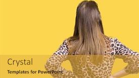  Presentation with rich - Cool new theme with beautiful middle age mature rich woman wearing leopard dress over isolated background standing backwards looking away with arms on body backdrop and a yellow colored foreground