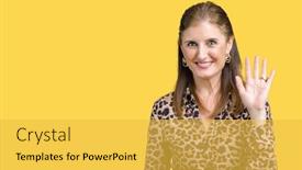  Presentation with rich purple - Colorful slide deck enhanced with beautiful middle age mature rich woman wearing leopard dress over isolated background waiving saying hello happy and smiling friendly welcome gesture backdrop and a yellow colored foreground