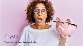  Presentation with piggy bank - Presentation theme having beautiful-middle-age-mature-woman background and a sky blue colored foreground