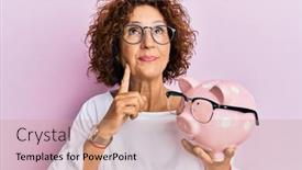  Presentation with piggy bank - Presentation theme with beautiful-middle-age-mature-woman background and a coral colored foreground