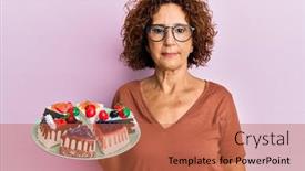  Presentation with slice of decorated cake - Presentation theme consisting of beautiful-middle-age-mature-woman background and a red colored foreground