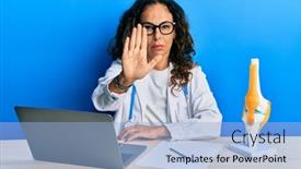  Presentation with hand palm - Presentation consisting of beautiful-middle-age-woman-doctor background and a light blue colored foreground