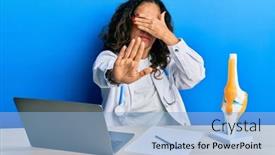  Presentation with sad woman - Presentation theme featuring beautiful-middle-age-woman-doctor background and a light blue colored foreground