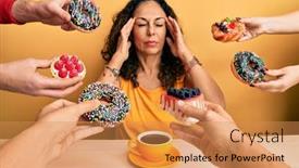  Presentation with migraine - Colorful presentation design enhanced with beautiful-middle-age-woman-drinking backdrop and a yellow colored foreground
