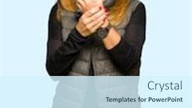  Presentation with arthritis - Amazing PPT layouts having beautiful middle age woman wearing winter vest suffering pain on hands and fingers arthritis inflammation backdrop and a cool aqua colored foreground