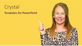  Presentation with hand print - Beautiful slide set featuring beautiful middle age woman wearing leopard animal print dress with a big smile on face pointing with hand and finger to the side looking at the camera backdrop and a yellow colored foreground