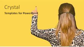  Presentation with hand print - Slide deck having beautiful middle age woman wearing leopard animal print dress posing backwards pointing behind with finger hand background and a yellow colored foreground