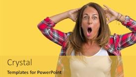  Presentation with woman hands open - PPT layouts having beautiful middle age woman wearing over isolated background crazy and scared with hands on head afraid and surprised of shock with open mouth background and a yellow colored foreground