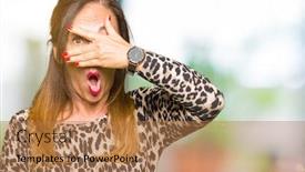  Presentation with hand print - PPT layouts having beautiful middle age woman wearing leopard animal print dress peeking in shock covering face and eyes with hand looking through fingers with embarrassed expression background and a coral colored foreground