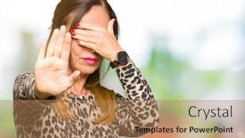  Presentation with animal print - PPT layouts having beautiful middle age woman wearing leopard animal print dress covering eyes with hands and doing stop gesture with sad and fear expression embarrassed and negative concept background and a coral colored foreground
