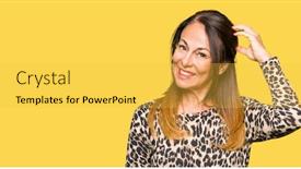  Presentation with hand print - Amazing slide set having beautiful middle age woman wearing leopard animal print dress confuse and wonder about question uncertain with doubt thinking with hand on head pensive concept backdrop and a yellow colored foreground