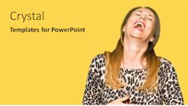  Presentation with funny animal - PPT theme having beautiful middle age woman wearing leopard animal print dress smiling and laughing hard out loud because funny crazy joke happy expression background and a yellow colored foreground