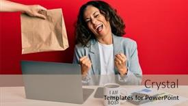  Presentation with food delivery - Beautiful PPT layouts featuring beautiful-middle-age-woman-working backdrop and a coral colored foreground