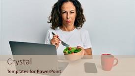  Presentation with healthy office - Presentation featuring beautiful-middle-age-woman-working background and a  colored foreground