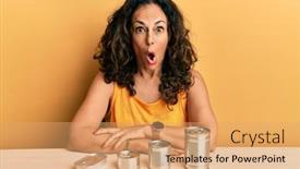  Presentation with canned food - PPT theme consisting of beautiful-middle-age-woman background and a coral colored foreground