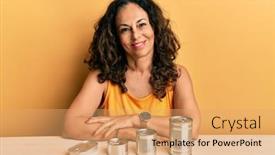  Presentation with canned food - Cool new PPT theme with beautiful-middle-age-woman backdrop and a coral colored foreground