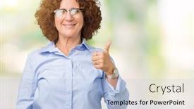  Presentation with businees - Theme consisting of beautiful middle ager senior businees woman wearing glasses over isolated background doing happy thumbs up gesture with hand approving expression looking at the camera showing success background and a light blue colored foreground