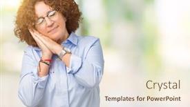  Presentation with businees - Slide deck consisting of beautiful middle ager senior businees woman wearing glasses over isolated background sleeping tired dreaming and posing with hands together while smiling with closed eyes background and a cream colored foreground