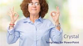  Presentation with businees - Beautiful presentation design featuring beautiful middle ager senior businees woman wearing glasses over isolated background relax and smiling with eyes closed doing meditation gesture with fingers yoga concept backdrop and a light blue colored foreground