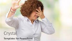  Presentation with businees - Cool new PPT theme with beautiful middle ager senior businees woman over isolated background covering eyes with hands and doing stop gesture with sad and fear expression embarrassed and negative concept backdrop and a light gray colored foreground