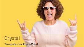  Presentation with rock star - Amazing presentation theme having beautiful middle ager senior woman wearing pink sweater and sunglasses over isolated background shouting with crazy expression doing rock symbol with hands up music star heavy concept backdrop and a yellow colored foreground