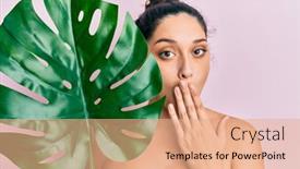  Presentation with hand holding plant - Amazing PPT layouts having beautiful-middle-eastern-woman-holding backdrop and a coral colored foreground