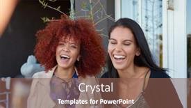  Presentation with women gathering - Beautiful PPT theme featuring beautiful mixed race women laughing smiling at their friends house party social gathering backdrop and a violet colored foreground