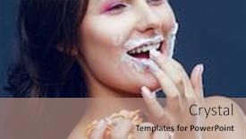  Presentation with messy - Slide set with beautiful model eating dessert in a very messy way isolated background and a coral colored foreground