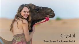  Presentation with camel - Slide set consisting of beautiful-model-rides-a-camel background and a coral colored foreground