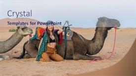  Presentation with camel - Presentation theme having beautiful-model-rides-a-camel background and a sky blue colored foreground