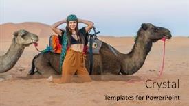  Presentation with camel - Slide deck featuring beautiful-model-rides-a-camel background and a coral colored foreground