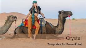  Presentation with camel - PPT theme enhanced with beautiful-model-rides-a-camel background and a coral colored foreground
