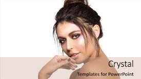  Presentation with nail spa - Cool new slides with beautiful model woman in beauty salon makeup young modern girl in luxurious spa lady make up mascara for long lashes lipstick on lips eye shadow shiny hair manicure with nail polish products treatment backdrop and a coral colored foreground