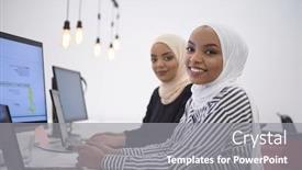  Presentation with coworking - Slides featuring beautiful-modern-african-muslim-businesswoman background and a gray colored foreground