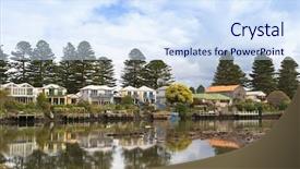  Presentation with river port - Cool new slides with australasia - beautiful modern houses along backdrop and a sky blue colored foreground