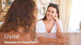  Presentation with speaking - Slide set with beautiful mother and daugther sitting at home speaking and smiling background and a coral colored foreground