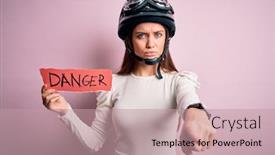  Presentation with moto - PPT theme enhanced with beautiful-motorcyclist-woman-with-blue background and a coral colored foreground