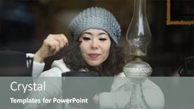  Presentation with cafeteria - Audience pleasing theme consisting of beautiful-multicultural-asian-woman-behind backdrop and a gray colored foreground