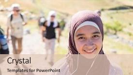  Presentation with muslim sufi history - Slide set consisting of beautiful muslim arab girl hiking background and a  colored foreground