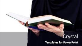  Presentation with arabic woman - Beautiful slide set featuring beautiful muslim arabic woman reading book on grey background backdrop and a black colored foreground