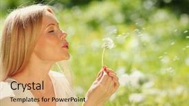  Presentation with dandelion - Beautiful slides featuring beautiful nature wind - girl blowing on a dandelion backdrop and a  colored foreground