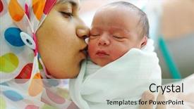  Presentation with new born - Presentation design featuring portrait of a serious guy working on his dining room at home using a laptop background and a coral colored foreground