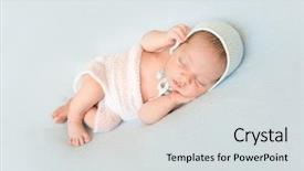  Presentation with sleeping baby - PPT layouts having beautiful newborn baby sleeping with hands on head in hat covered on blanket background and a light gray colored foreground