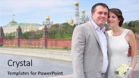  Presentation with married - Slide set enhanced with beautiful newly married couple standing on a bridge against the kremlin background and a light gray colored foreground