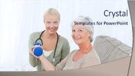  Presentation with elderly patient nurse cares - Slides having beautiful nurse helping her patient background and a sky blue colored foreground