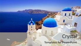 Presentation with green town cities - Slide deck enhanced with beautiful oia town on santorini island greece background and a soft green colored foreground