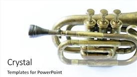  Presentation with trumpet - PPT theme featuring beautiful old trumpet against white background background and a white colored foreground