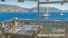 Presentation with calm sea - PPT theme having beautiful-outdoor-tavern-on-kefalonia background and a tawny brown colored foreground